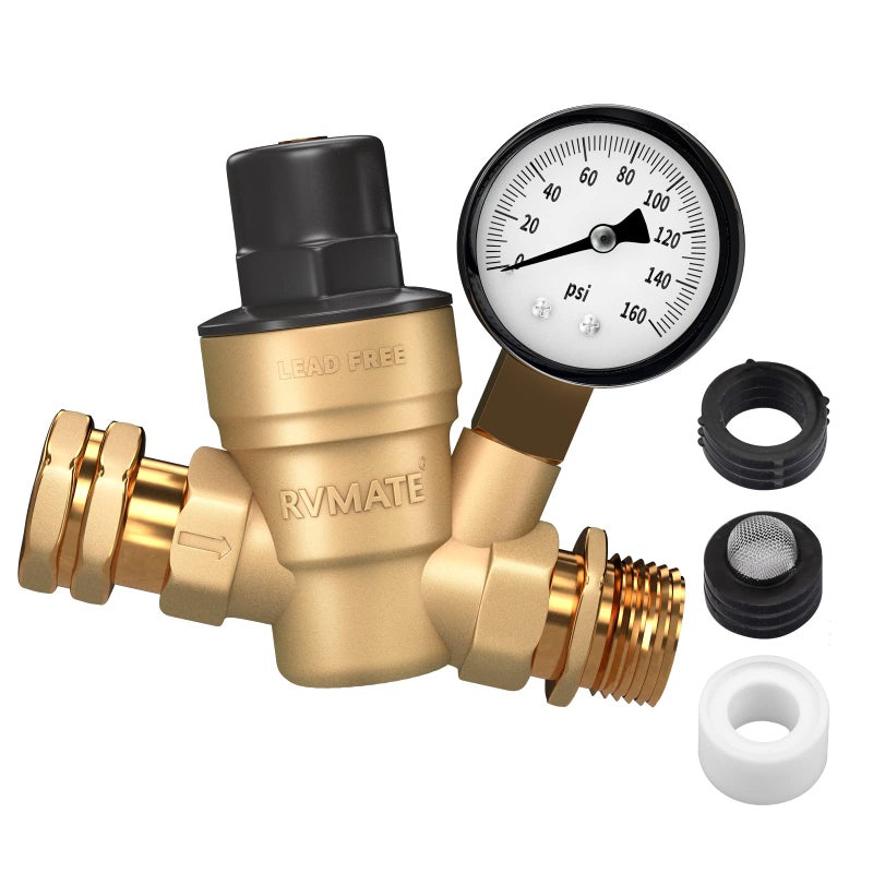 RVMATE RV Water Pressure Regulator, Brass Lead-Free Water Pressure Reducer Kit, Adjustable Valve with Inlet Screen Filter, for Camper Travel Trailer - Image 1